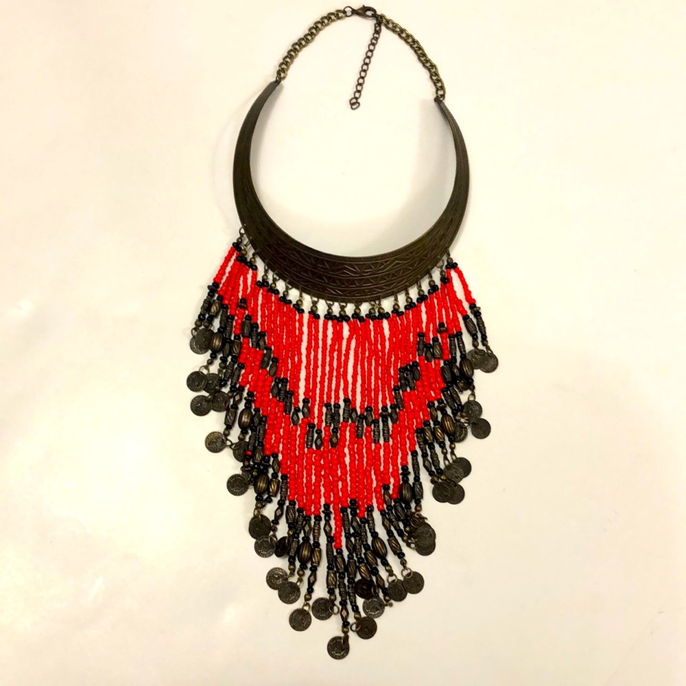 Choker Necklace Red Black Beaded Coin Adjustable Closure Egyptian ancient design